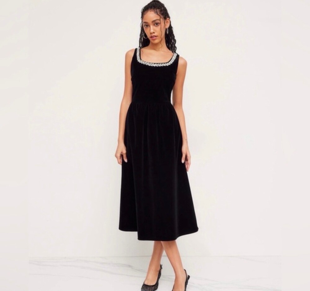 Cider Velvet Embellished Neckline Dress Black Velvet L Jeweled - Picture 6 of 8